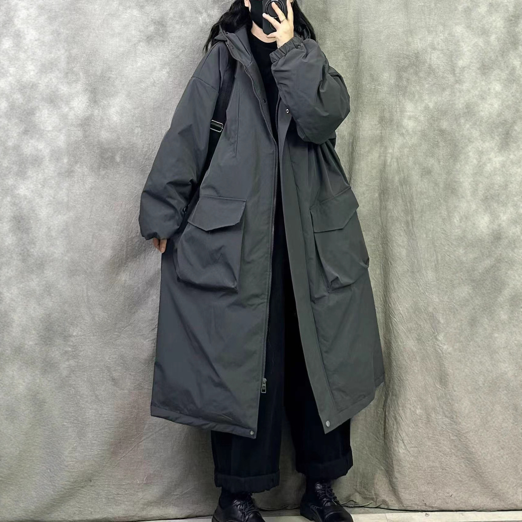 中长款开襟拉链连帽长袖拼接口袋纯色百搭冬季新夹棉保暖风衣外套