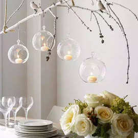 创意双用透明玻璃小烛台 吊球 时尚家居婚庆装饰高品质 悬挂烛台