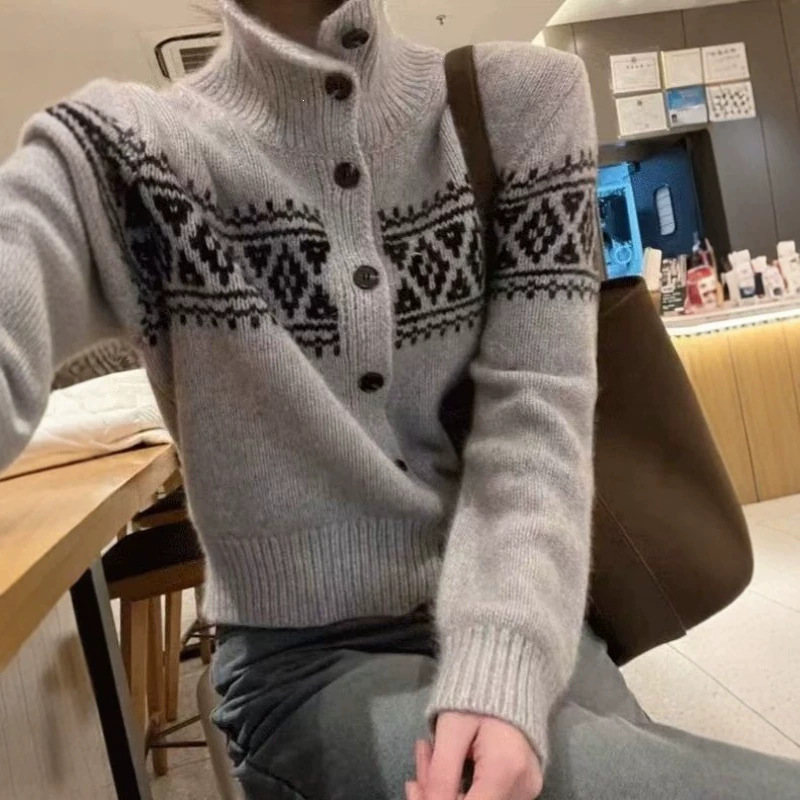复古风软糯高领100纯羊毛针织开衫女秋冬宽松加厚毛衣打底衫外套