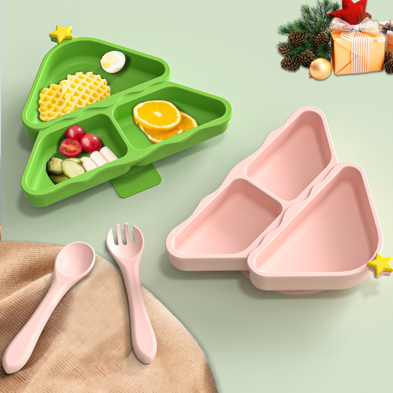 Food-Grade Silicone Dinner Plate, Baby Food Supplement, Integrated Compartment, Large Suction Cup, Christmas Tree Tableware, Infant and Kidsren's Dinner Plate