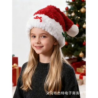 亲子款圣诞红色毛绒蝴蝶结帽子女冬季可爱毛绒氛围拍照大头围帽