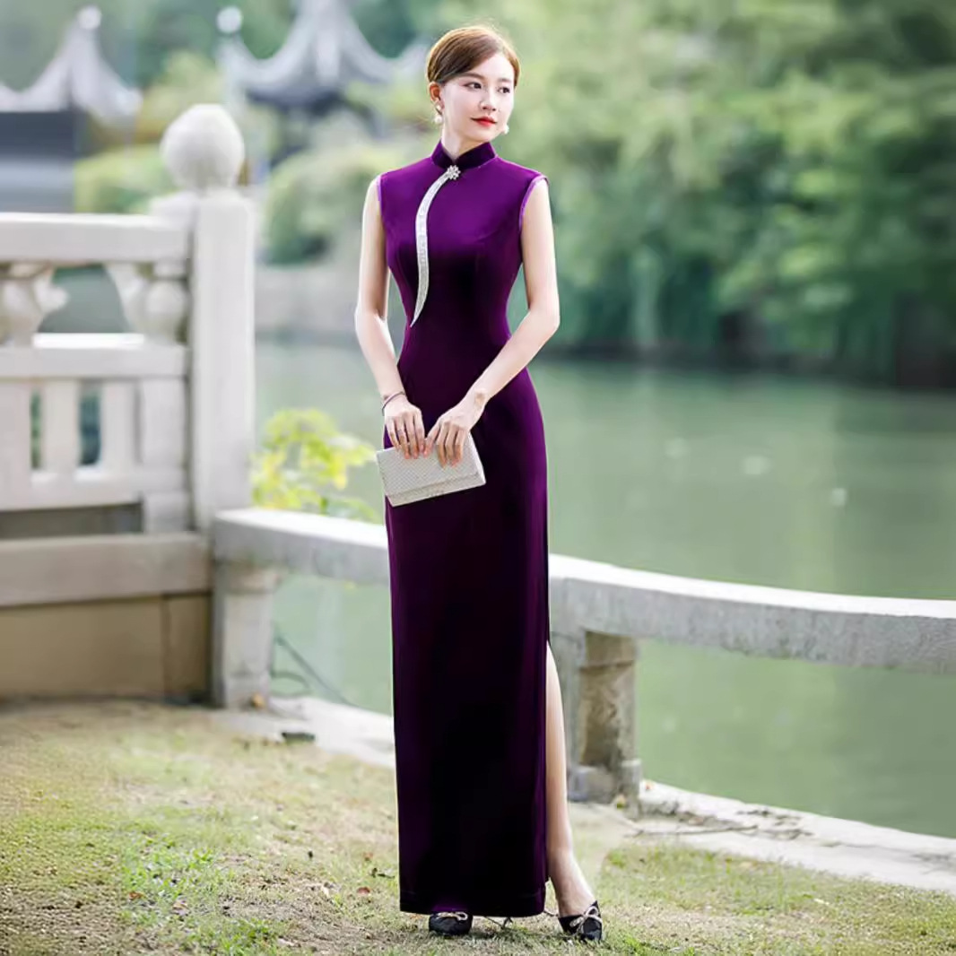 Velvet elegant purple lightweight fashionable cheongsam