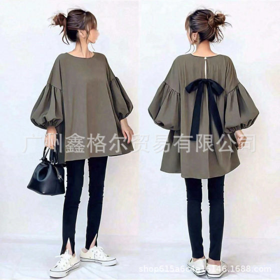 Three Color Quality 2025 Spring Summer Hot Sale New Round Neck Back Lace-up Lantern Sleeve Shirt Top