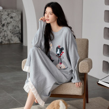 春秋季纯棉长袖睡衣睡裙女2025新款薄款宽松可爱卡通中长款家居服