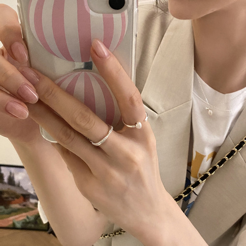 new Korean new minimalist silver pearl open index finger ring ins niche light luxury copper ring for women
