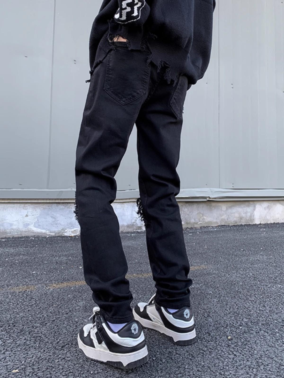 2025 Spring And Autumn Versatile Fashion Black Distressed Design Jeans Washed Wear-resistant Youth Long Pants Men's Cool_mkmklike.com