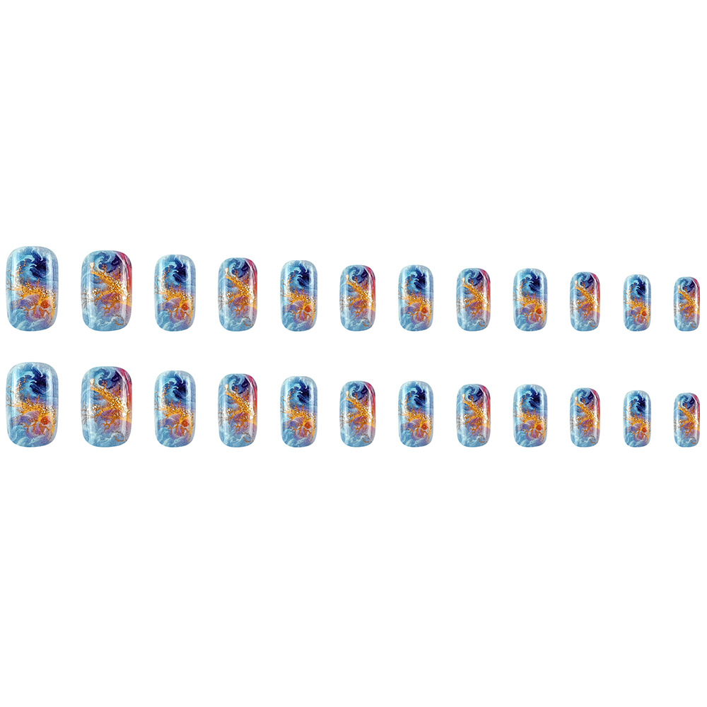 Pegatinas para uñas con rayas de llama roja y azul, puntas de uñas cuadradas con purpurina, 24 piezas de puntas de uñas transfronterizas que se pueden usar