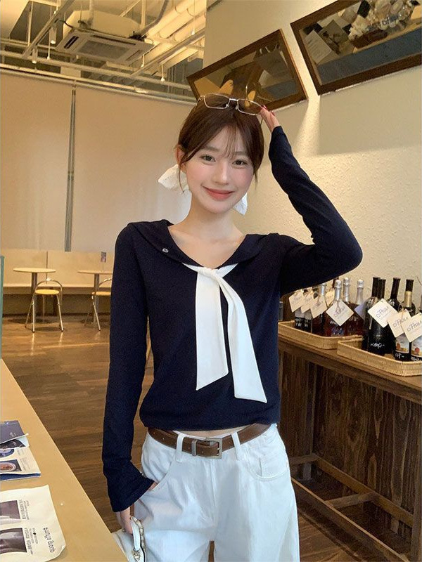 设计感娃娃领绑带长袖t恤女内搭短款修身早秋单穿韩系chic小上衣|undefined