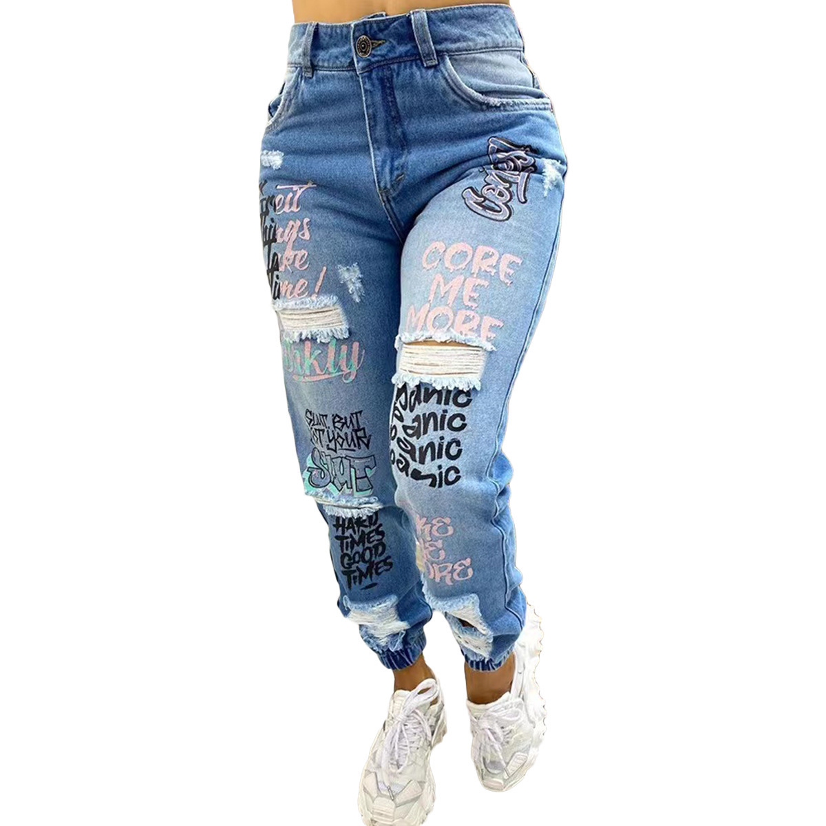 Women's Skinny Jeans Letter Print Ripped Washed Retro Relaxed Everyday Wear Comfortable Feshion_ecoleips.com