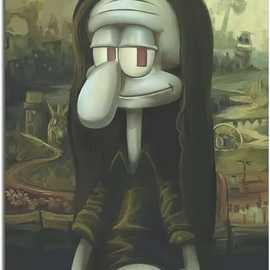 亚马逊跨境卡通动漫蒙娜丽莎绘画趣味恶搞鱿鱼海报图片帆布墙艺术