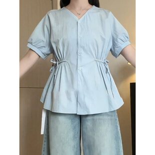 Plus Size Women's Design Chic Waist Shirt 2025 Summer New Fat mm Slimming Look and Beautiful Short-Sleeved Shirt