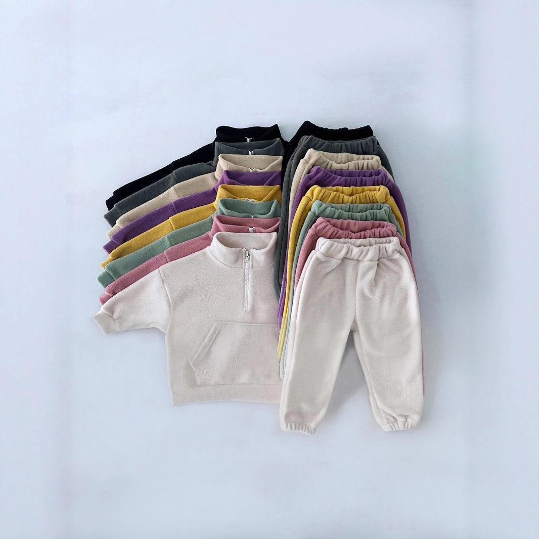 韩版儿童秋冬款立领加绒套装男童女童双面绒大口袋休闲运动两套装