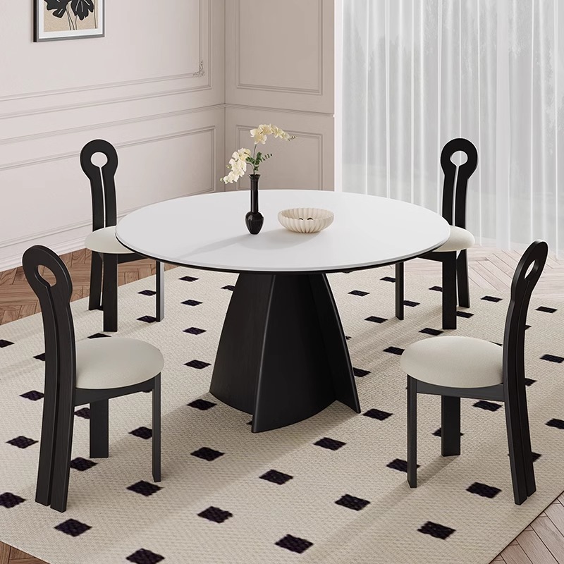 Mesa de comedor de madera maciza redonda de estilo antiguo francés 2025 nuevo hogar negro pequeño apartamento celebridad de Internet mesa de comedor minimalista moderna
