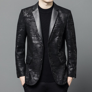 Haining Genuine Leather Men's Sheepskin Suit Printed Leather Suit Slim-fit Spring and Autumn Casual Jacket Thin Jacket Trendy