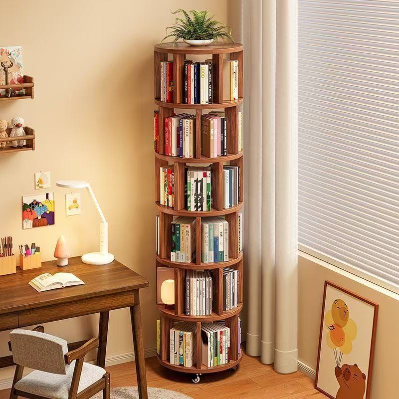 Rotating bookshelf 360-degree solid wood color bookcase floor-to-ceiling wall-mounted movable living room children's picture book multi-layer storage rack