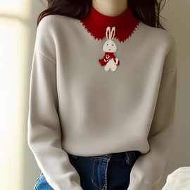 红灰色拼接小兔子针织毛衣女款春季穿搭韩系高级感上衣2025新款