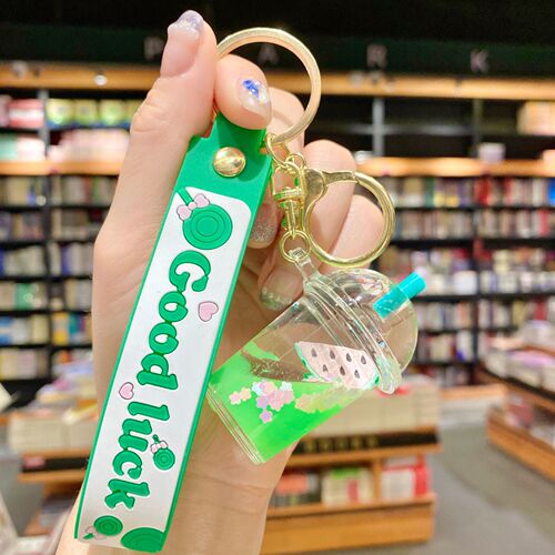 Creative fruit strawberry pineapple milk tea cup key chain floating quicksand into oil pendant car key chain bag pendant