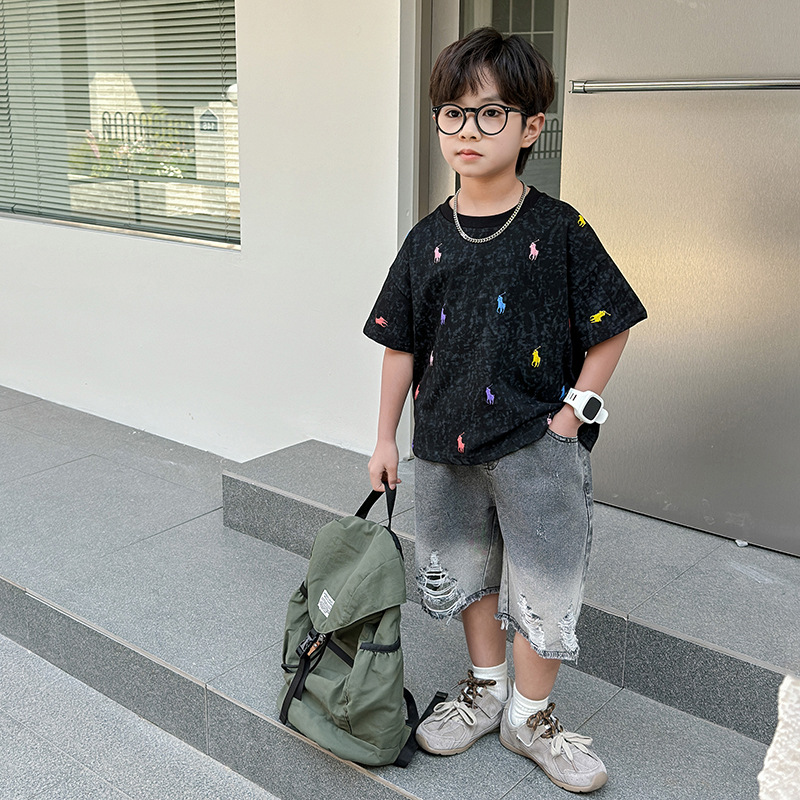 7378 Traje de verano para niños Camiseta de manga corta de dibujos animados para niños coreanos Pantalones vaqueros para bebés Pantalones cortos de verano Ropa delgada 3