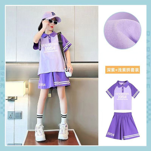 Girls Summer Thin Sports Suit 2023 New Medium and Large Children Girls Printed Polo Shirt Five-Piece Pants Two-piece Set