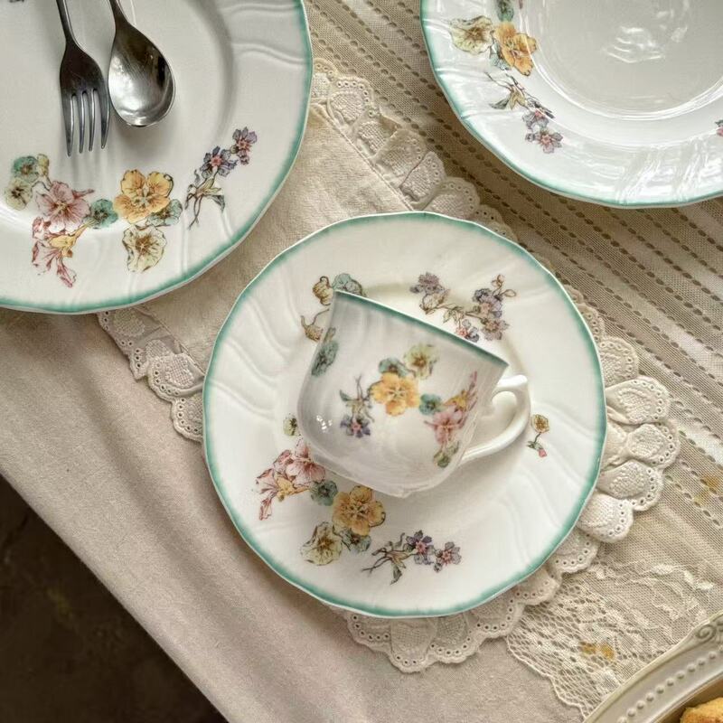 法式复古绝美木槿花陶瓷餐具咖啡杯碟餐盘汤盘甜品盘陶瓷碗盘子|undefined