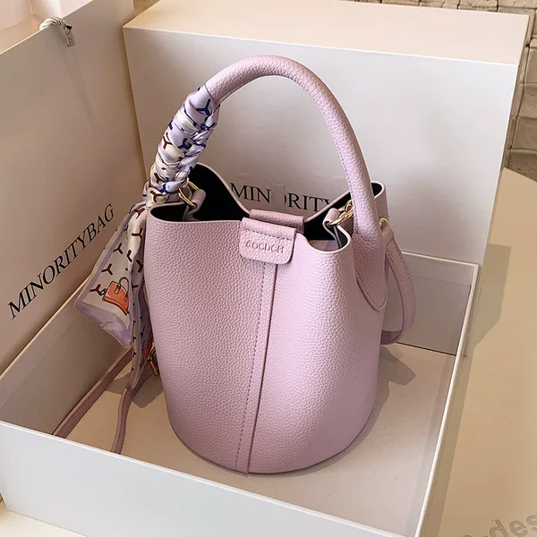 Litchi Pattern Soft Leather Handbag Women's Summer New Popular Shoulder Crossbody Bag Fashion Silk Scarf Bucket Armpit Bag