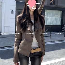 夹克上衣小个子机车服美式气质加厚新款短款外套女春秋麂皮绒翻领