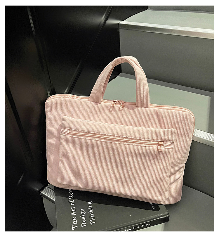 ng2510227 Bolsa feminina de veludo cotelê de 14 polegadas, modelo maleta simples e elegante para uso diário, ideal para notebooks e laptops._voghion.com
