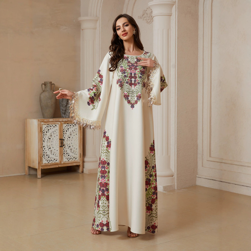 SW2614 Cross-border dress for women, V-neck, printed, fringed, elegant long gown SW2614 Cross-border dress for women, V-neck, printed, fringed, elegant long gown