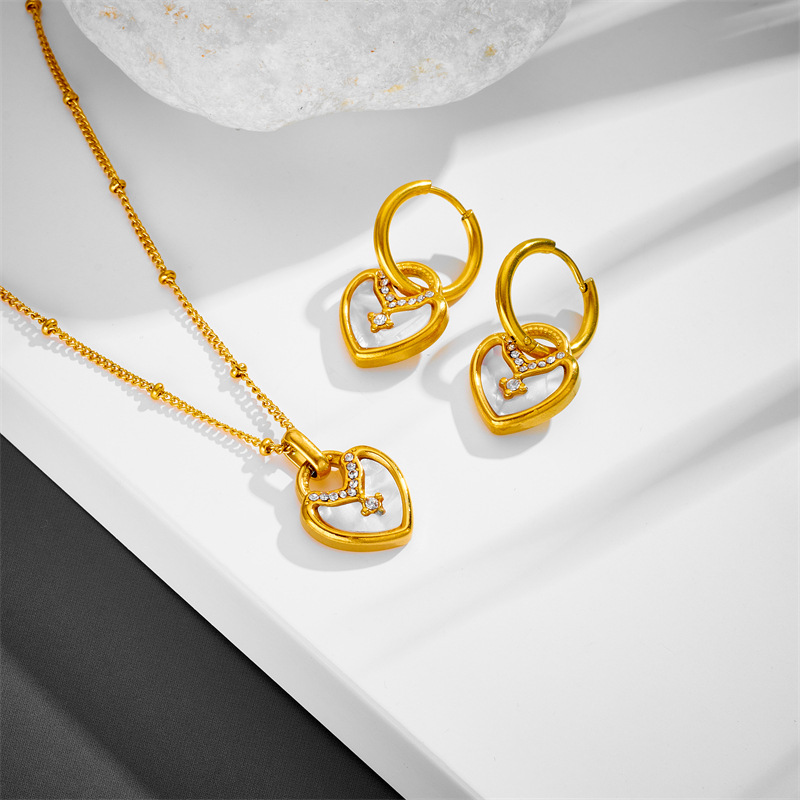 11g Weight PVD Coated Gold Plating Process Wholesale Jewelry INS Style Sweet Heart Shape Titanium Steel Rhinestones Shell 18K Gold Plated PVD Coated Plating Inlay Earrings Necklace