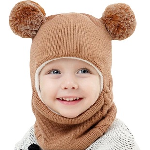 Winter children's hat scarf one-piece plus velvet ear protection cap for boys and girls baby knitted wool children's one-piece cap