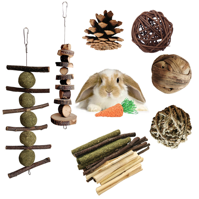 Rabbit and Hamster Toy Set with Natural Apple Wood Chew Sticks, Grass Balls, Pine Cones, Gourd Grass Balls, Sweet Bamboo Paper Rope, and Carrots
