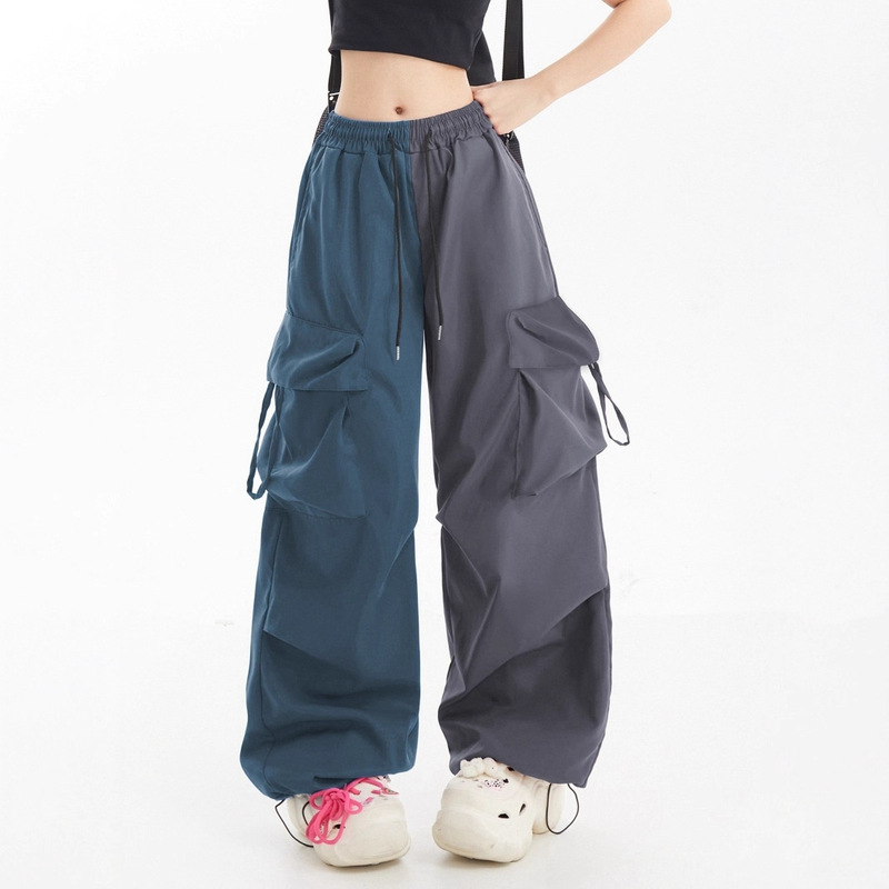 Women's Contrast Color Loose Overalls Multi-Pants Pocket Trousers Color Block Pants