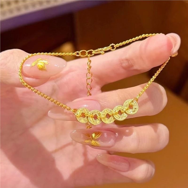Ice-Crushed Five Emperors Coin Bracelet for Women, Light Luxury High-End Chinese Style Sparkling Jewelry, Xiaohongshu Clavicle Chain Sweater Chain
