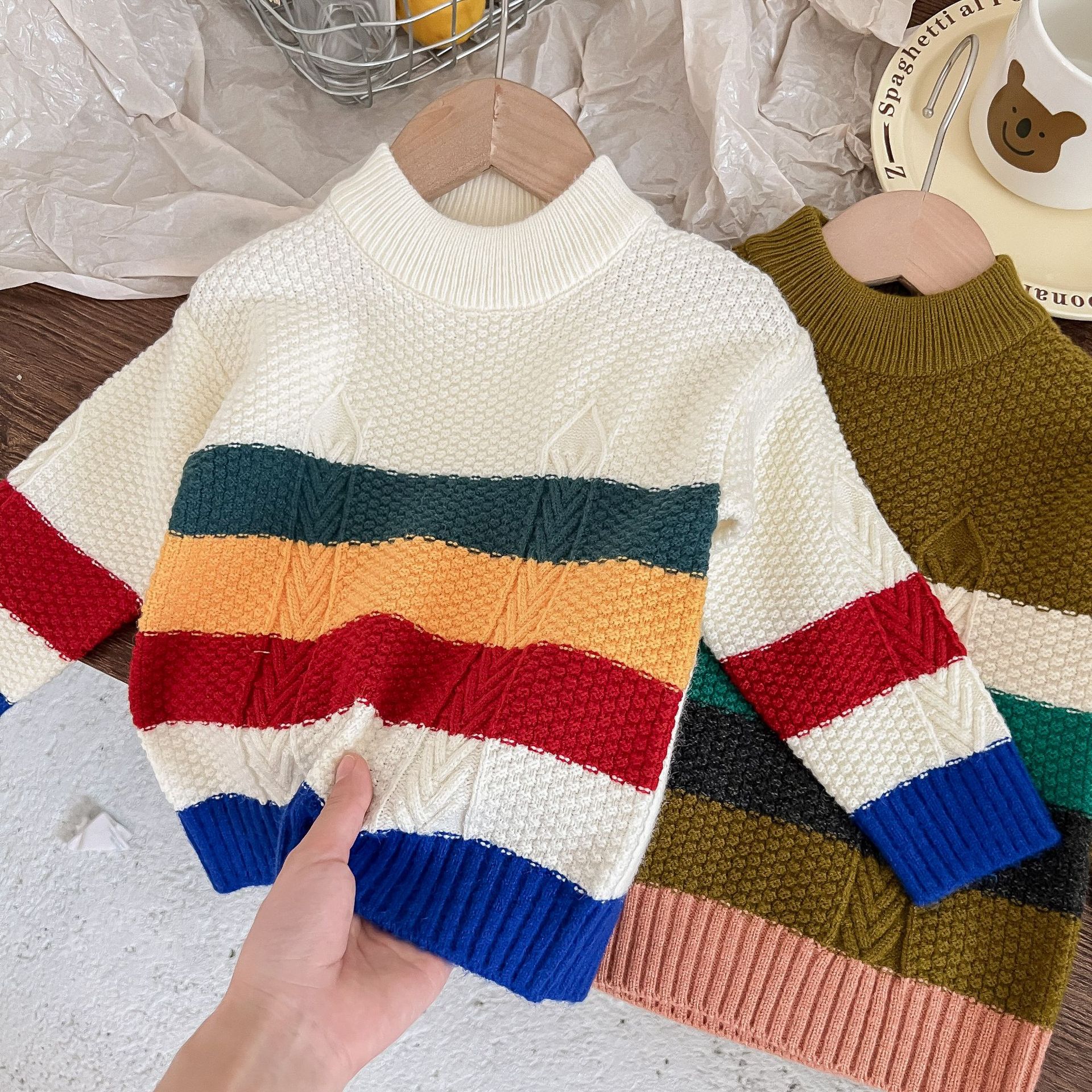 Kinder Rundhals Strickjacke Für Jungen Und Mädchen Gestreift_voghion.com