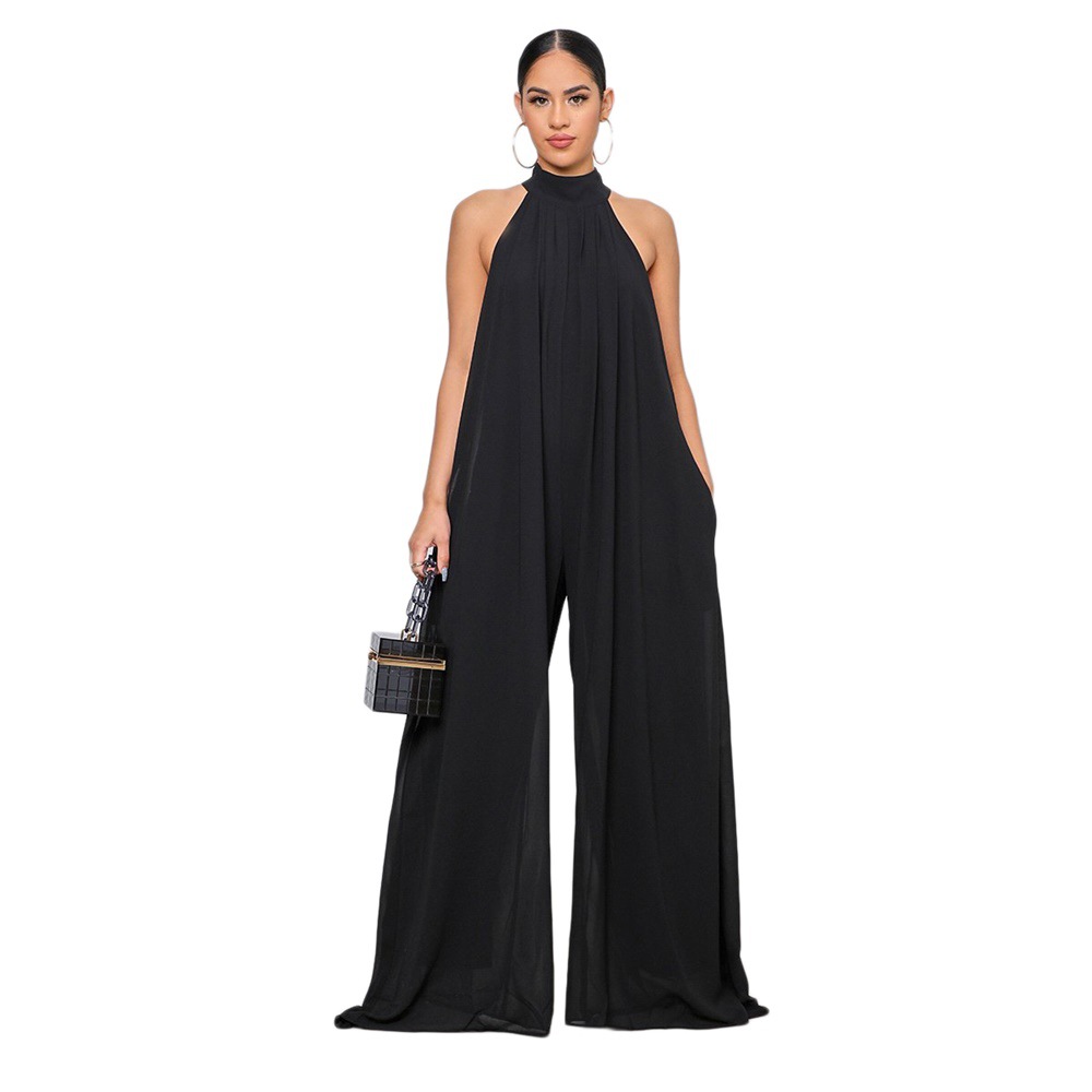 sleeveless loose wide-leg hanging neck solid color chiffon jumpsuit NSXLY119202