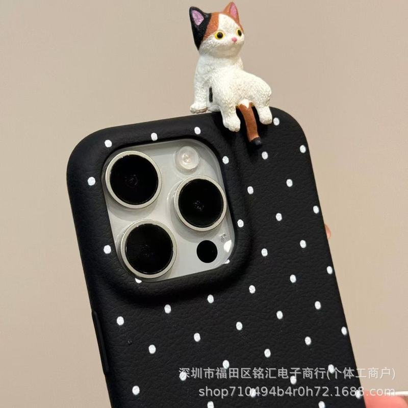 かわいい立体猫 iphone16 携帯電話ケース Apple 15promax シンプル水玉 13 ソフト 14 に適しています|undefined