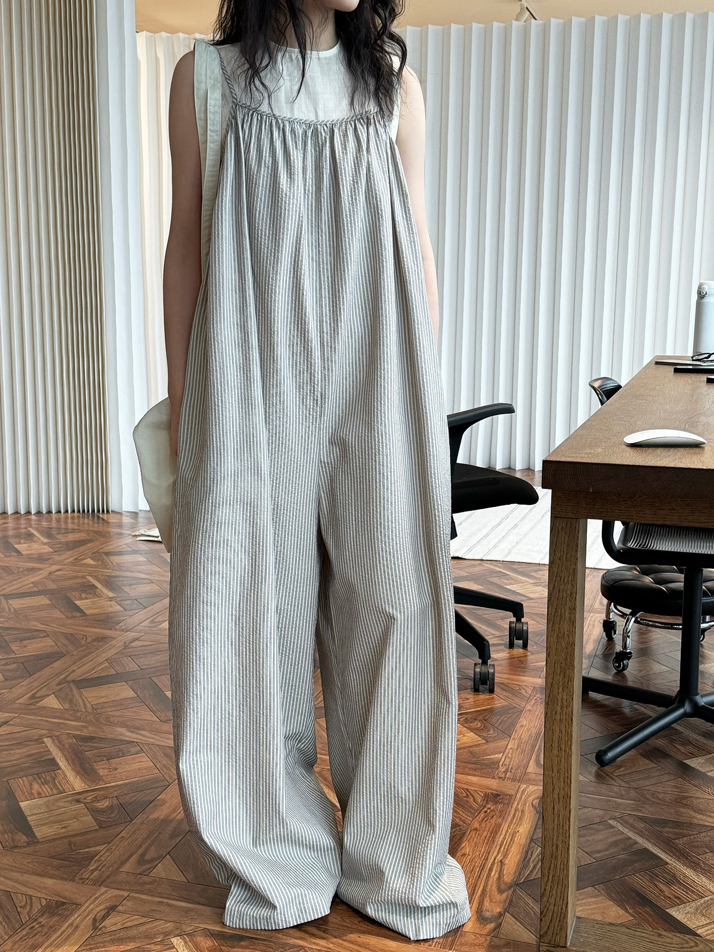 New Arrival Japanese Style Lazy Retro Age-reducing Vertical Stripe Jumpsuit Wide Leg Slimming Casual Relaxed Pants for Women
