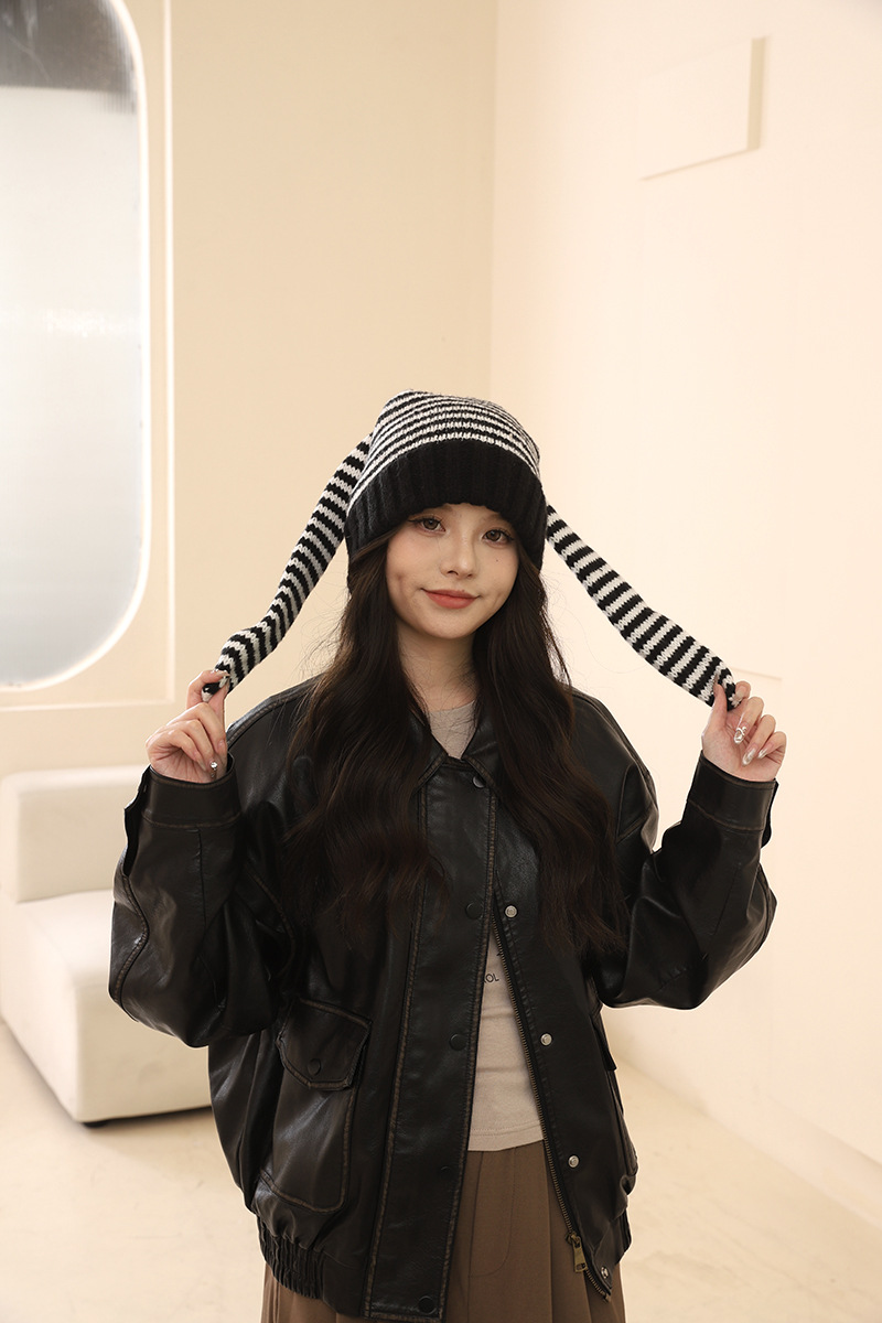 Corée du Sud Chine-Chic Marque Mignon Oreille De Lapin Tricoté Rayé Pull Laine Enfants y2k Shopping Mode Chaud Froid Chapeau_voghion.com