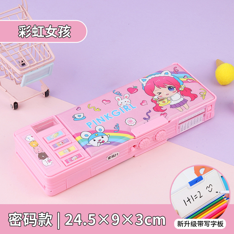 Caja de papelería con bloqueo de contraseña, botón multifunción, caja de lápices de gran capacidad de doble cara, dinosaurio, escuela primaria, niño, niña, jardín de infancia