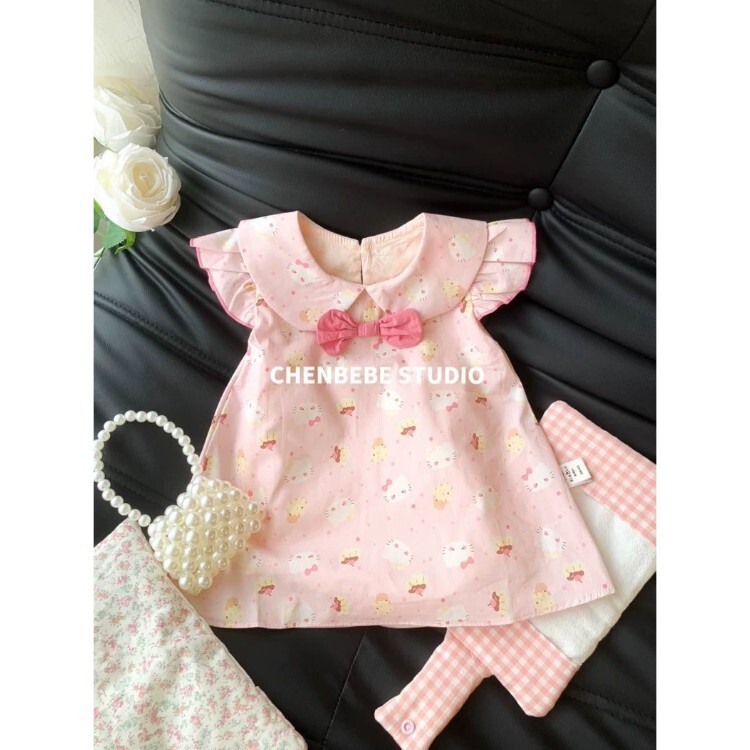 New Summer Romper for Baby Girls, Hello Summer! Cat-Themed Cotton Doll Collar Dress