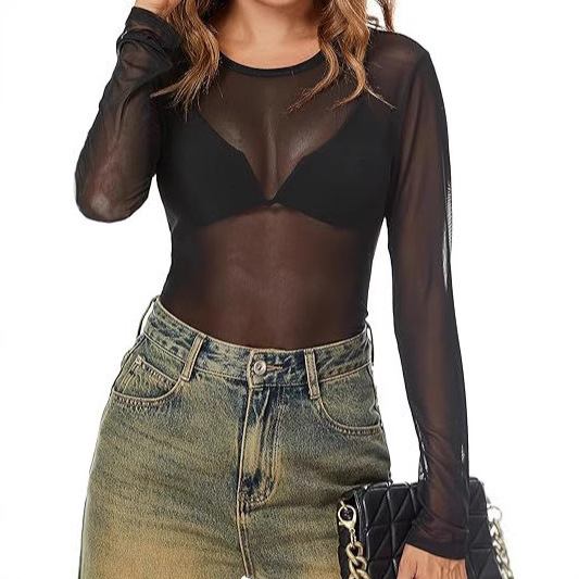AKEWEI Women Mesh Long Sleeve Top Crewneck Sexy Perspective T-Shirt Party Club Night Lace Shirt