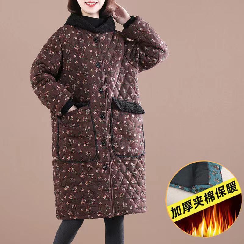 加绒冬季新款韩版大码棉服碎花夹棉加厚保暖连帽棉衣女中长款罩衣