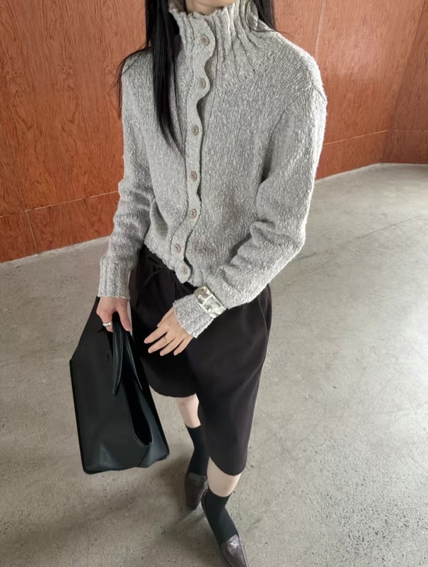 高端设计感时尚排扣高领两穿法羊毛针织开衫女秋冬叠穿打底毛衣|undefined