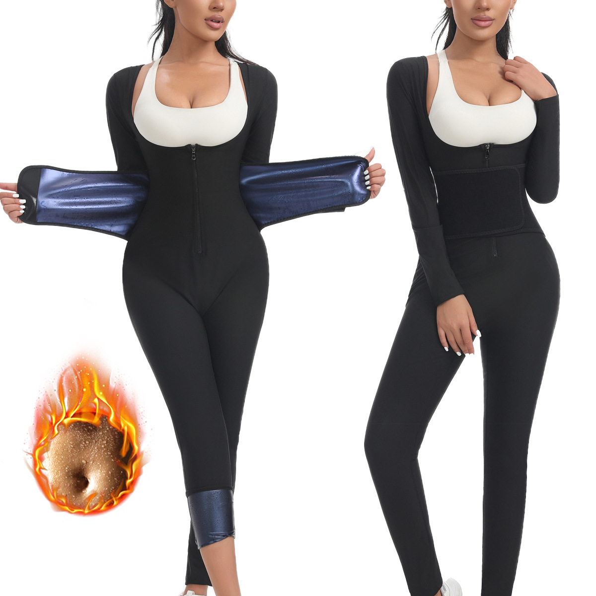 跨境欧美护腰带塑身收腹长袖瑜伽暴汗服长裤健身桑拿服紧身连体衣