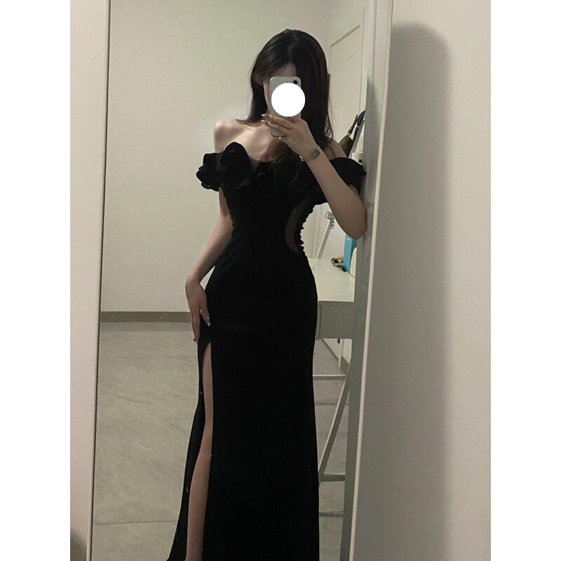 Elegant Socialite Off-Shoulder Ruffled Strapless Gown with a High Slit and Waist-Cinching Design for a Slimming Effect Elegant Socialite Off-Shoulder Ruffled Strapless Gown with a High Slit and Waist-Cinching Design for a Slimming Effect
