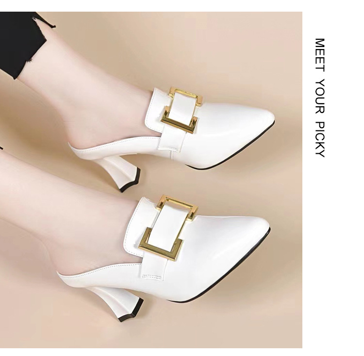 Giày mule nữ mũi nhọn da bóng gót thấp kiểu Pháp — Màu đen chi tiết 15