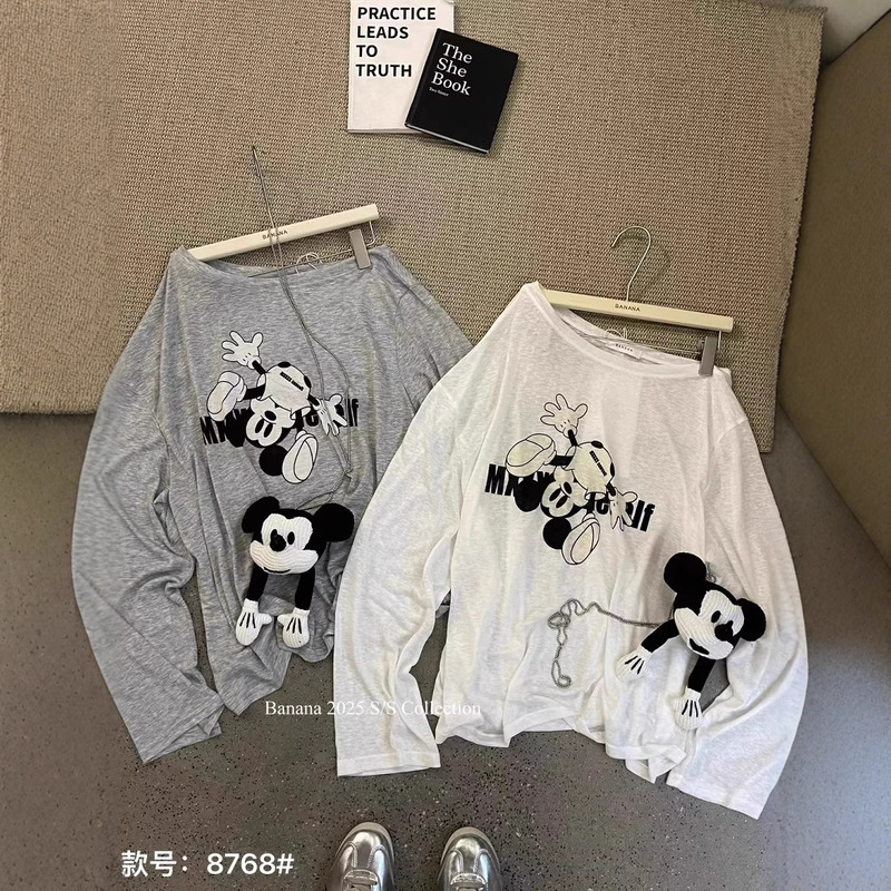 Summer Korean Style Funny Mickey Print Slanted Collar Off-Shoulder T-Shirt Women's Long-Sleeved Versatile Large Size Anti-Sun Blouse Top Trendy Summer Korean Style Funny Mickey Print Slanted Collar Off-Shoulder T-Shirt Women's Long-Sleeved Versatile Large Size Anti-Sun Blouse Top Trendy