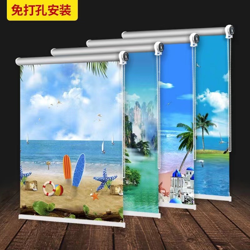 Bathroom Roller Blinds Kitchen Curtains Full Blackout Sunscreen Heat Insulation Pull-Down Roller Blinds No Hole Installation 