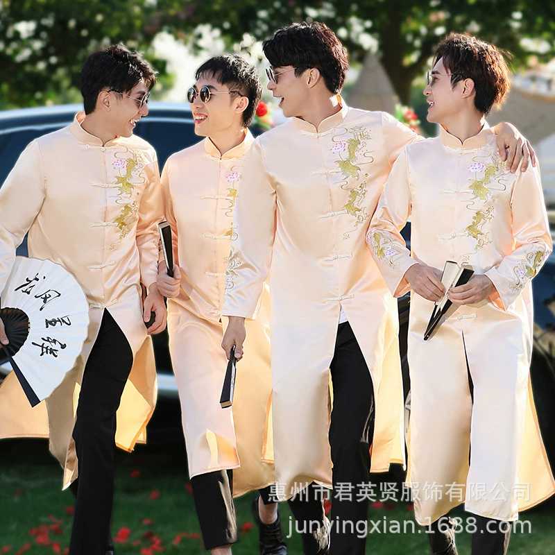 Забавный наряд жениха в китайском стиле для свадебного приема, мужской синий халат в китайском стиле, пальто с перекличкой.