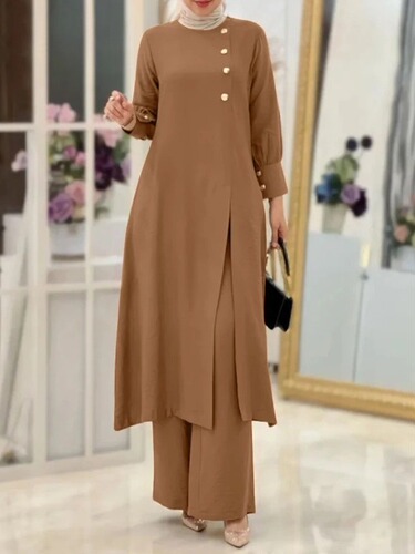H718 Muslim Women's Fashion Elegant Solid Color Irregular Long Shirt Top Wide Leg Pants Robe